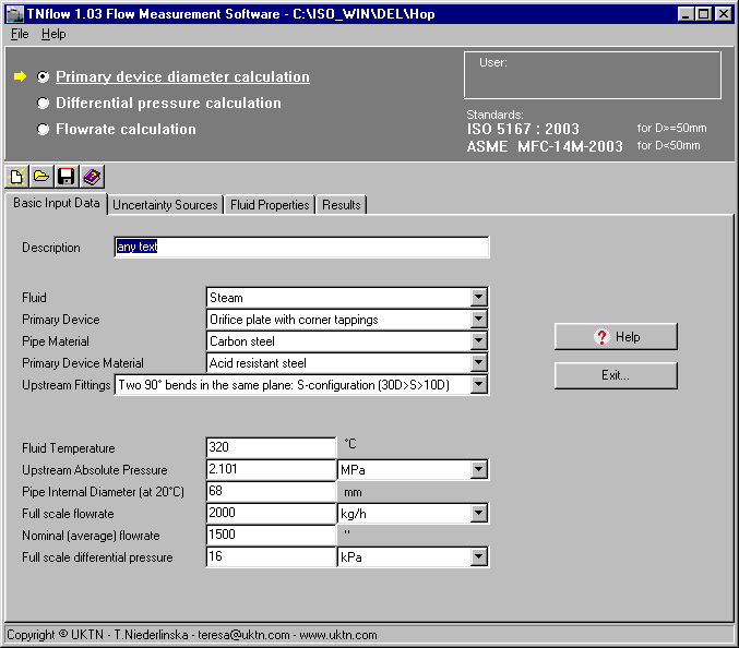 Flow measurement software - Basic Input Data page