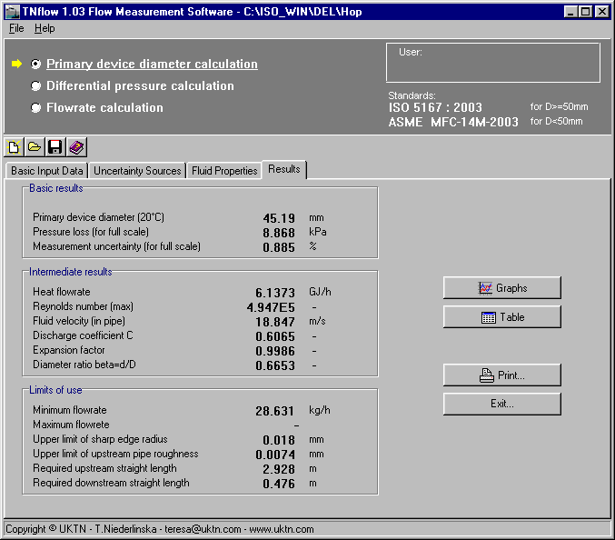 Flow measurement software - Results page